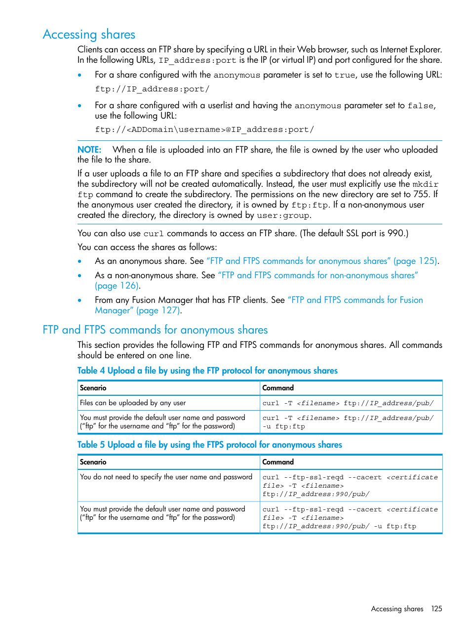 Accessing shares, Ftp and ftps commands for anonymous shares | HP StoreAll Storage User Manual | Page 125 / 406