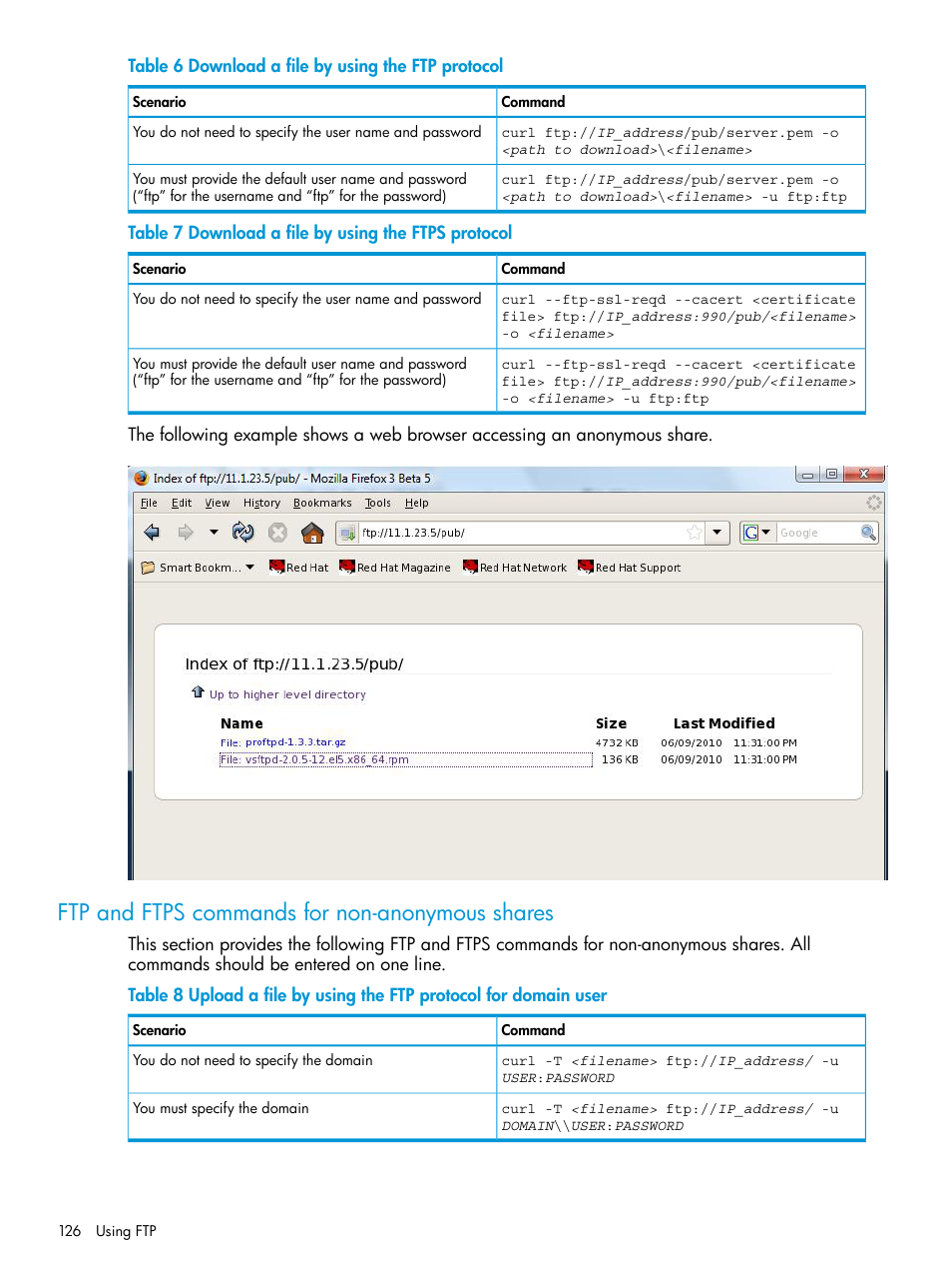 Ftp and ftps commands for non-anonymous shares | HP StoreAll Storage User Manual | Page 126 / 406