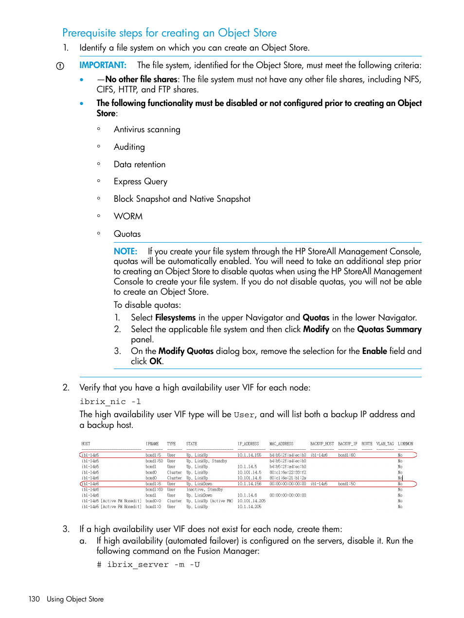 Prerequisite steps for creating an object store | HP StoreAll Storage User Manual | Page 130 / 406