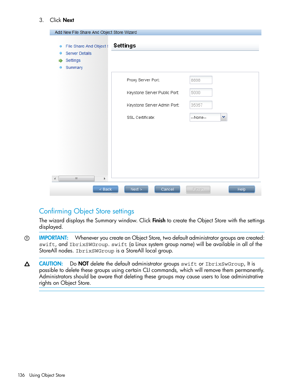Confirming object store settings | HP StoreAll Storage User Manual | Page 136 / 406