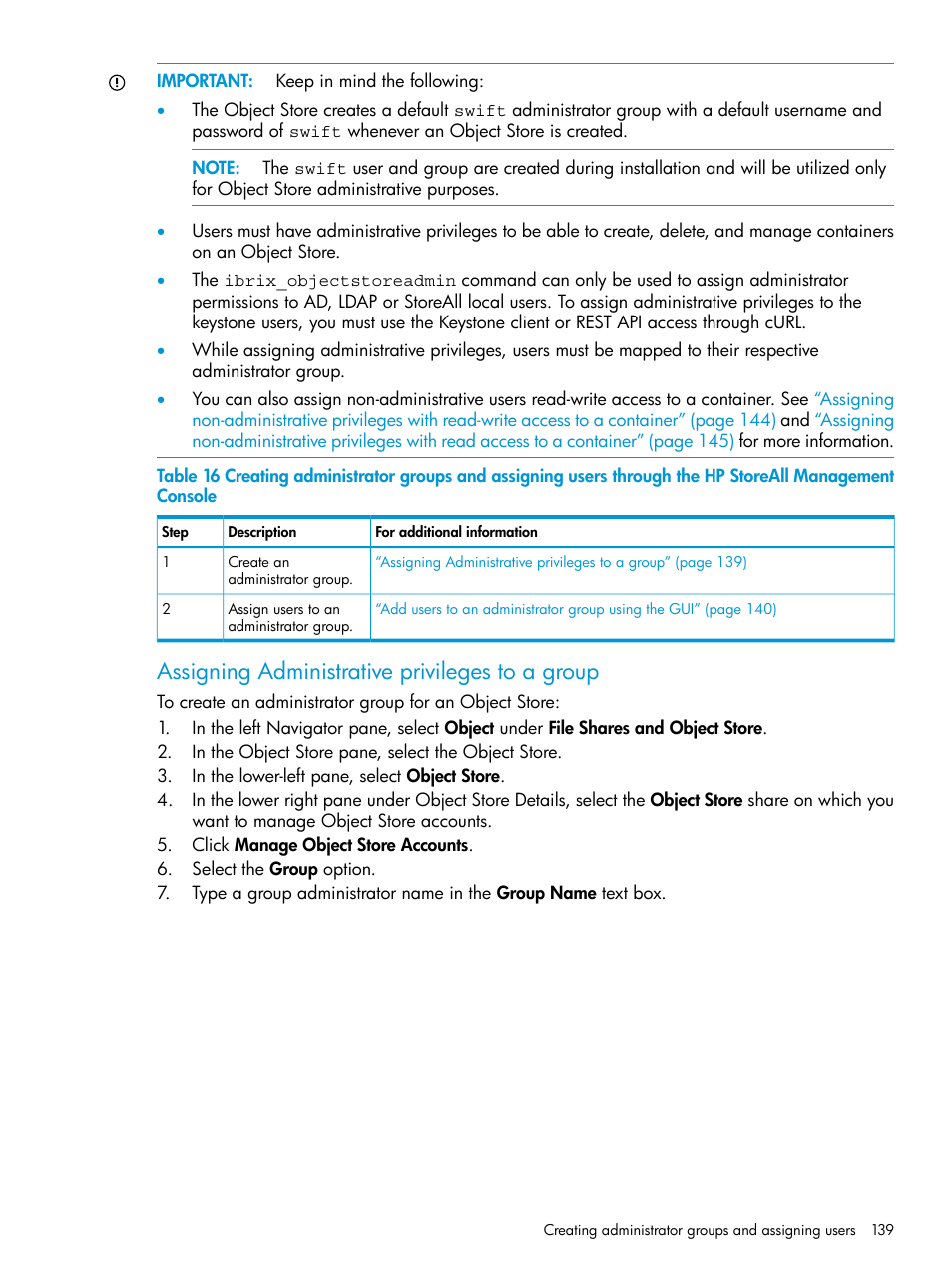 Assigning administrative privileges to a group | HP StoreAll Storage User Manual | Page 139 / 406
