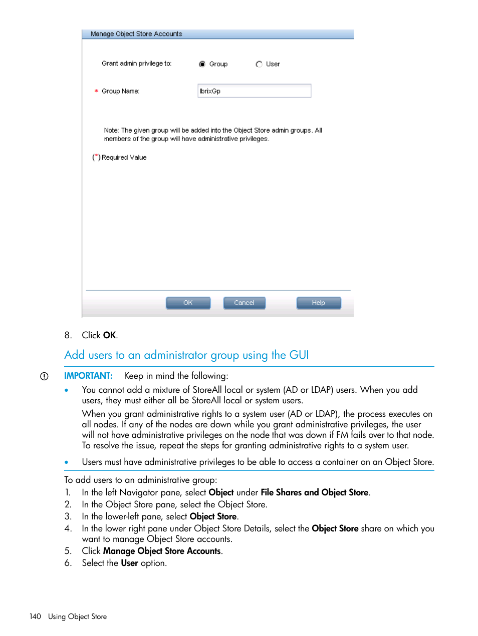 Add users to an administrator group using the gui | HP StoreAll Storage User Manual | Page 140 / 406