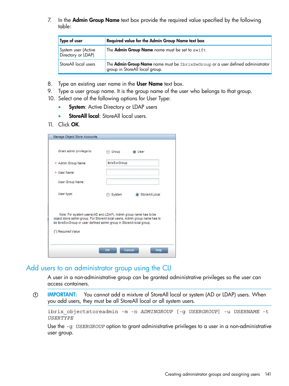 Add users to an administrator group using the cli | HP StoreAll Storage User Manual | Page 141 / 406