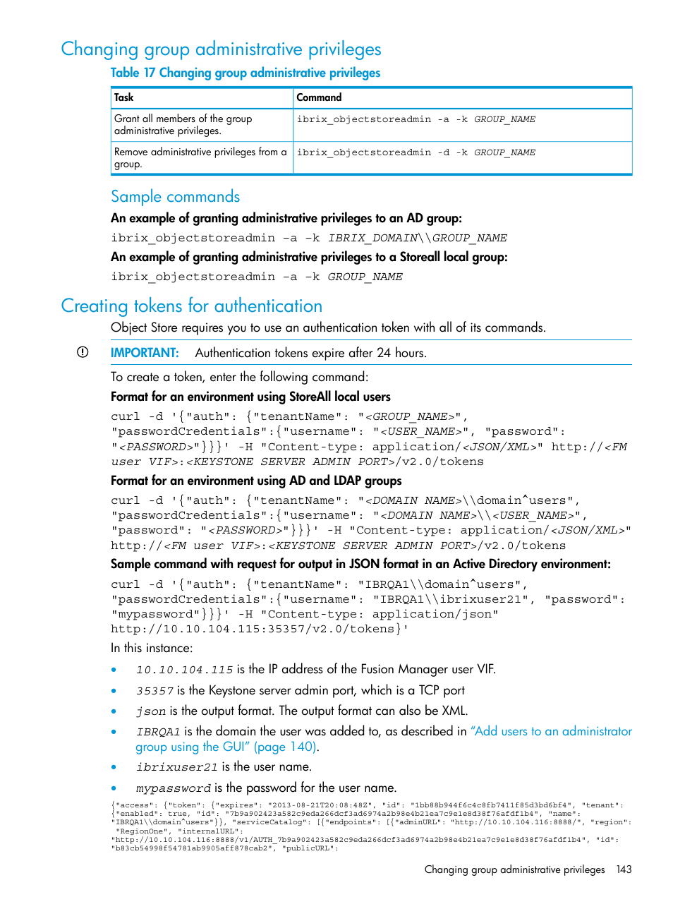 Changing group administrative privileges, Creating tokens for authentication, Sample commands | HP StoreAll Storage User Manual | Page 143 / 406