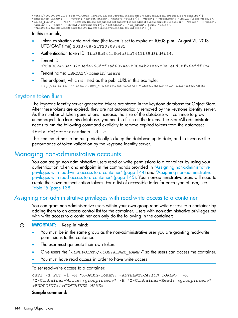 Keystone token flush, Managing non-administrative accounts, Assigning | HP StoreAll Storage User Manual | Page 144 / 406