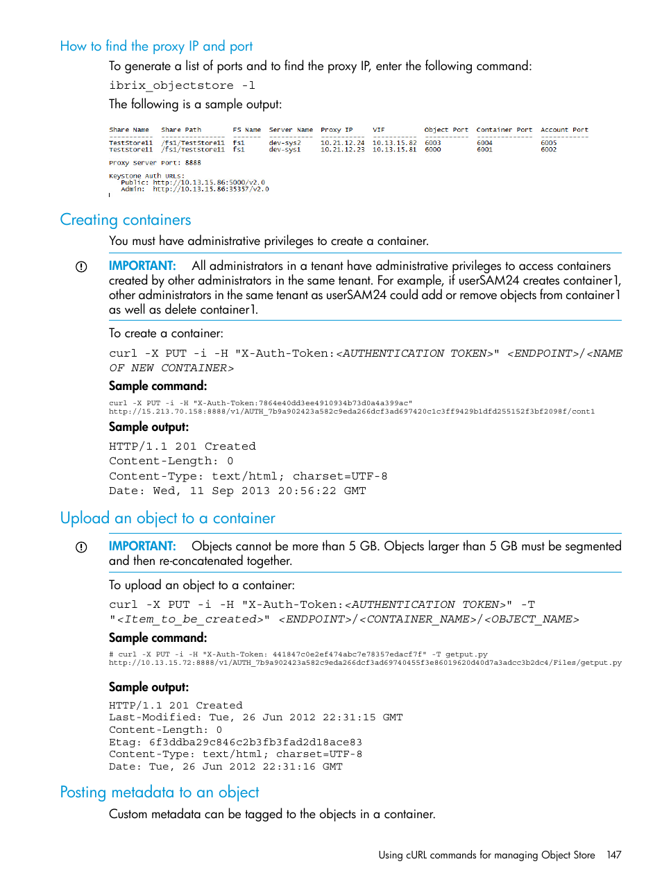 How to find the proxy ip and port, Creating containers, Upload an object to a container | Posting metadata to an object | HP StoreAll Storage User Manual | Page 147 / 406