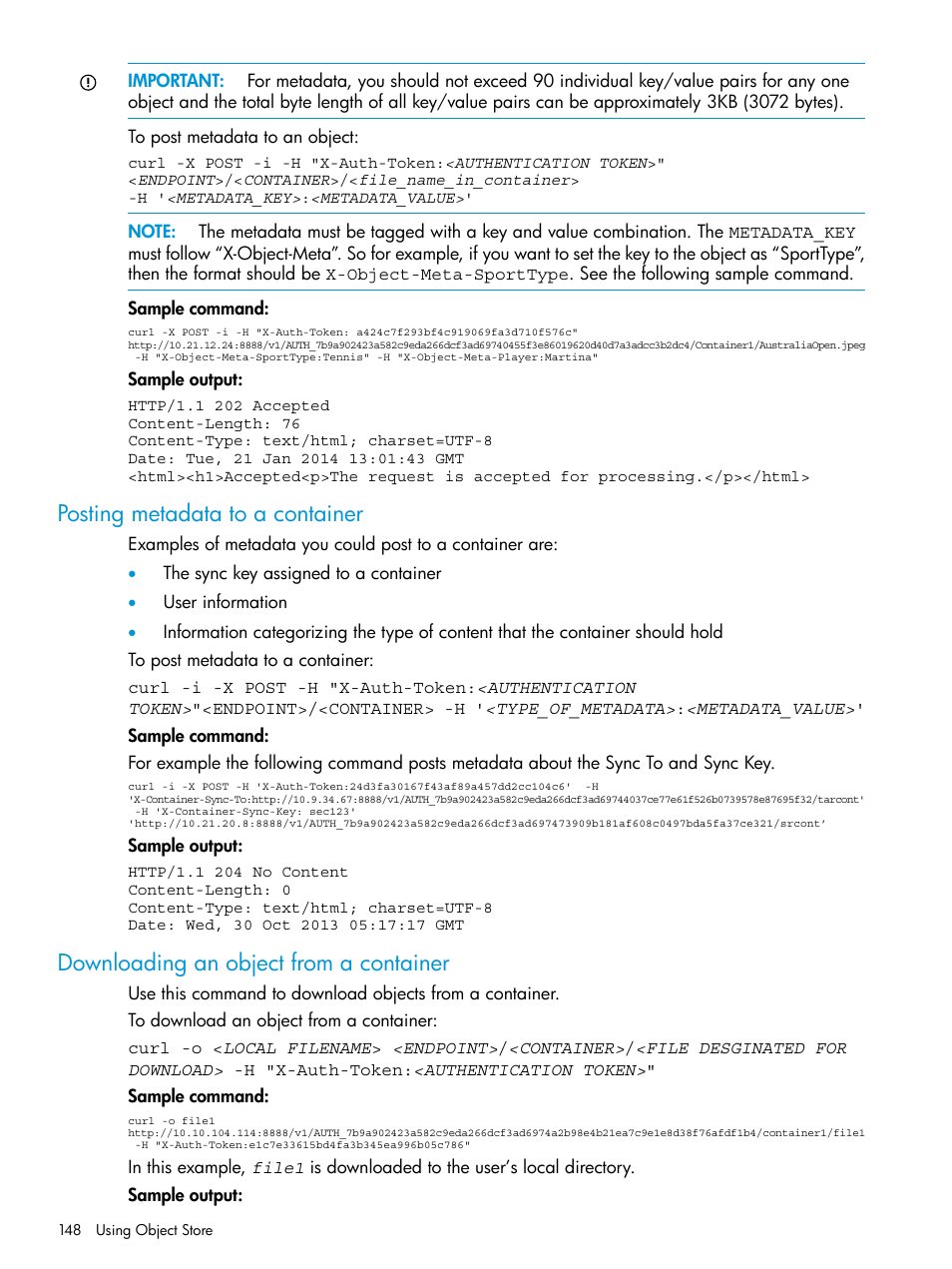 Posting metadata to a container, Downloading an object from a container | HP StoreAll Storage User Manual | Page 148 / 406