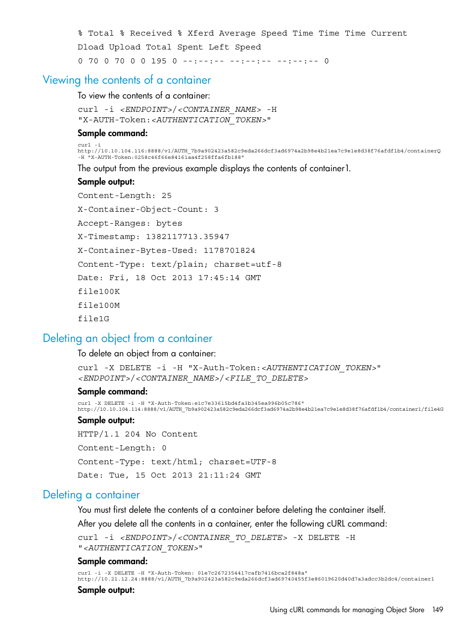 Viewing the contents of a container, Deleting an object from a container, Deleting a container | HP StoreAll Storage User Manual | Page 149 / 406
