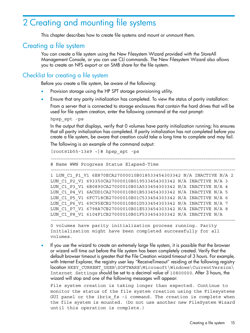 2 creating and mounting file systems, Creating a file system, Checklist for creating a file system | HP StoreAll Storage User Manual | Page 15 / 406