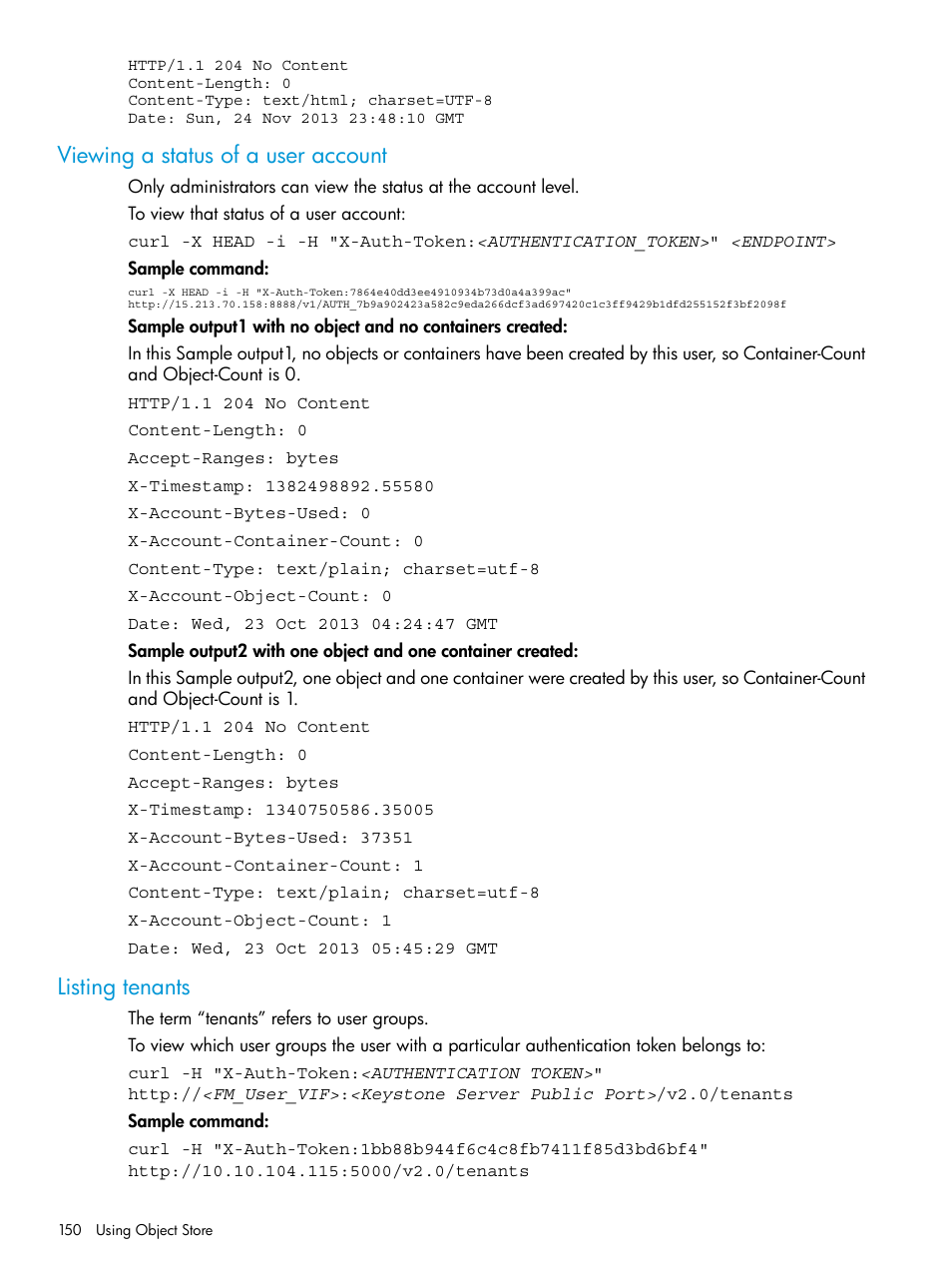 Viewing a status of a user account, Listing tenants, Viewing a status of a user account listing tenants | Listing | HP StoreAll Storage User Manual | Page 150 / 406