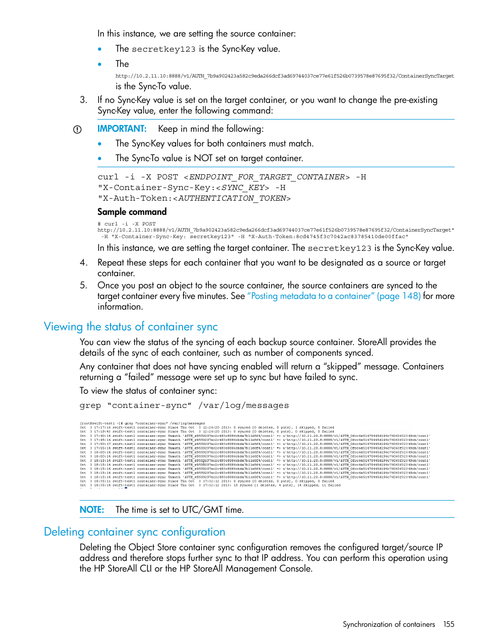 Viewing the status of container sync, Deleting container sync configuration | HP StoreAll Storage User Manual | Page 155 / 406