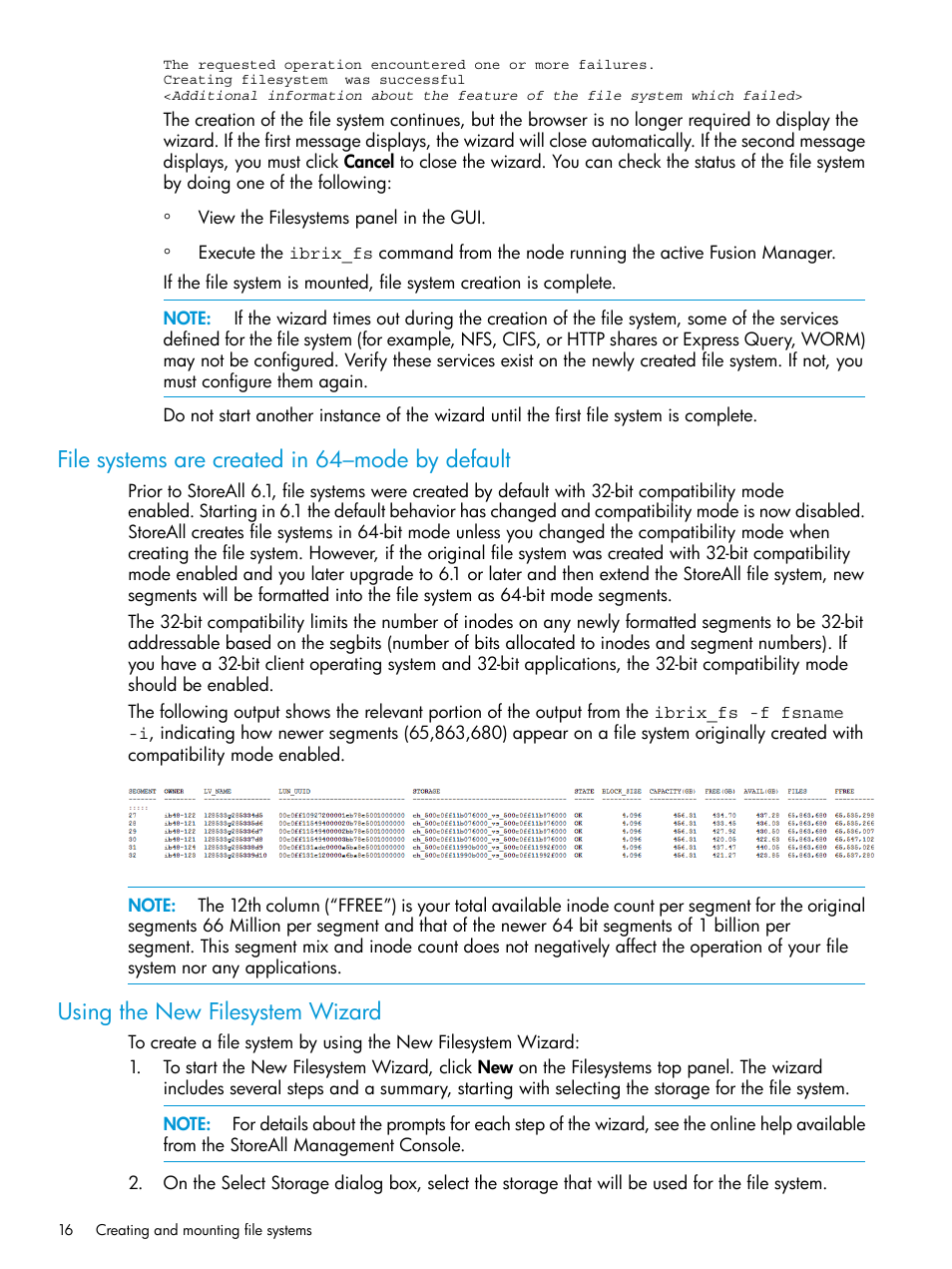 File systems are created in 64–mode by default, Using the new filesystem wizard | HP StoreAll Storage User Manual | Page 16 / 406