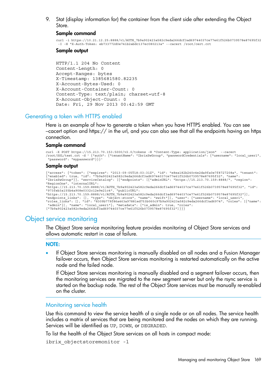 Generating a token with https enabled, Object service monitoring | HP StoreAll Storage User Manual | Page 169 / 406