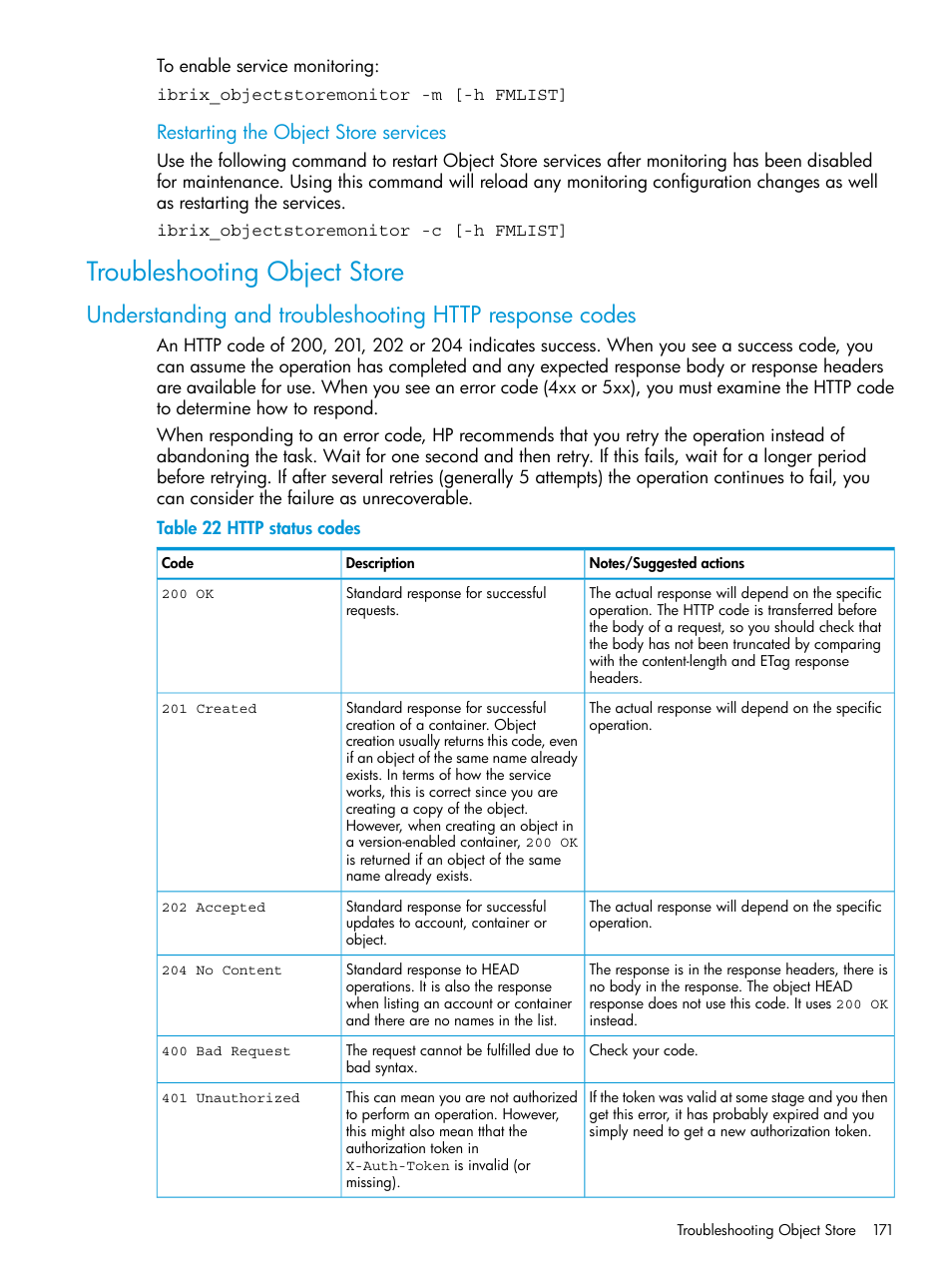 Troubleshooting object store, Restarting the object store services | HP StoreAll Storage User Manual | Page 171 / 406