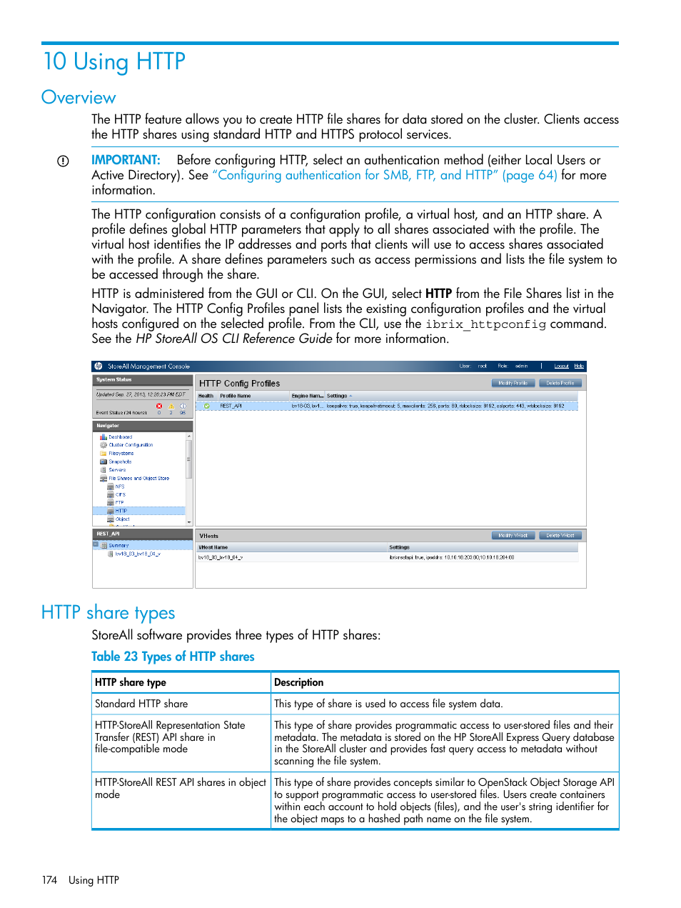 10 using http, Overview, Http share types | Overview http share types | HP StoreAll Storage User Manual | Page 174 / 406