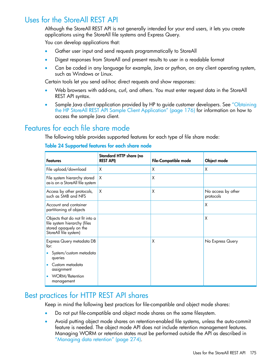 Uses for the storeall rest api, Features for each file share mode, Best practices for http rest api shares | HP StoreAll Storage User Manual | Page 175 / 406