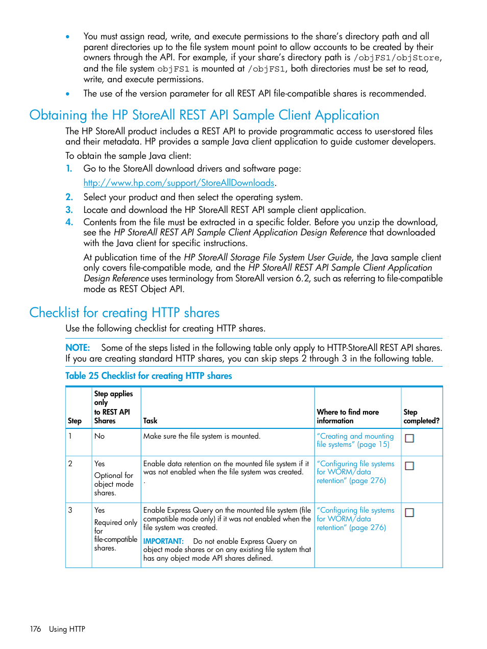 Checklist for creating http shares, Obtaining | HP StoreAll Storage User Manual | Page 176 / 406
