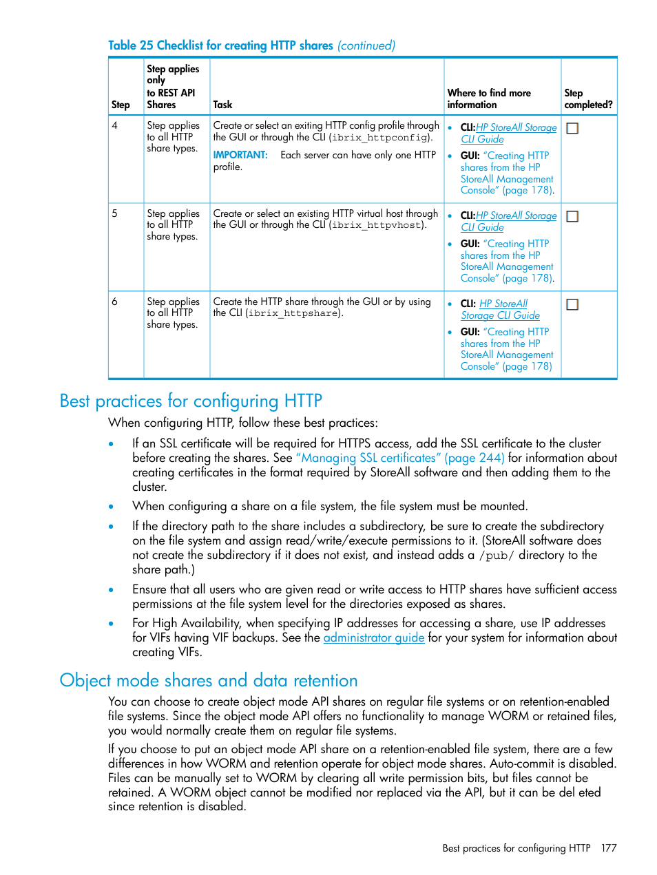 Best practices for configuring http, Object mode shares and data retention | HP StoreAll Storage User Manual | Page 177 / 406