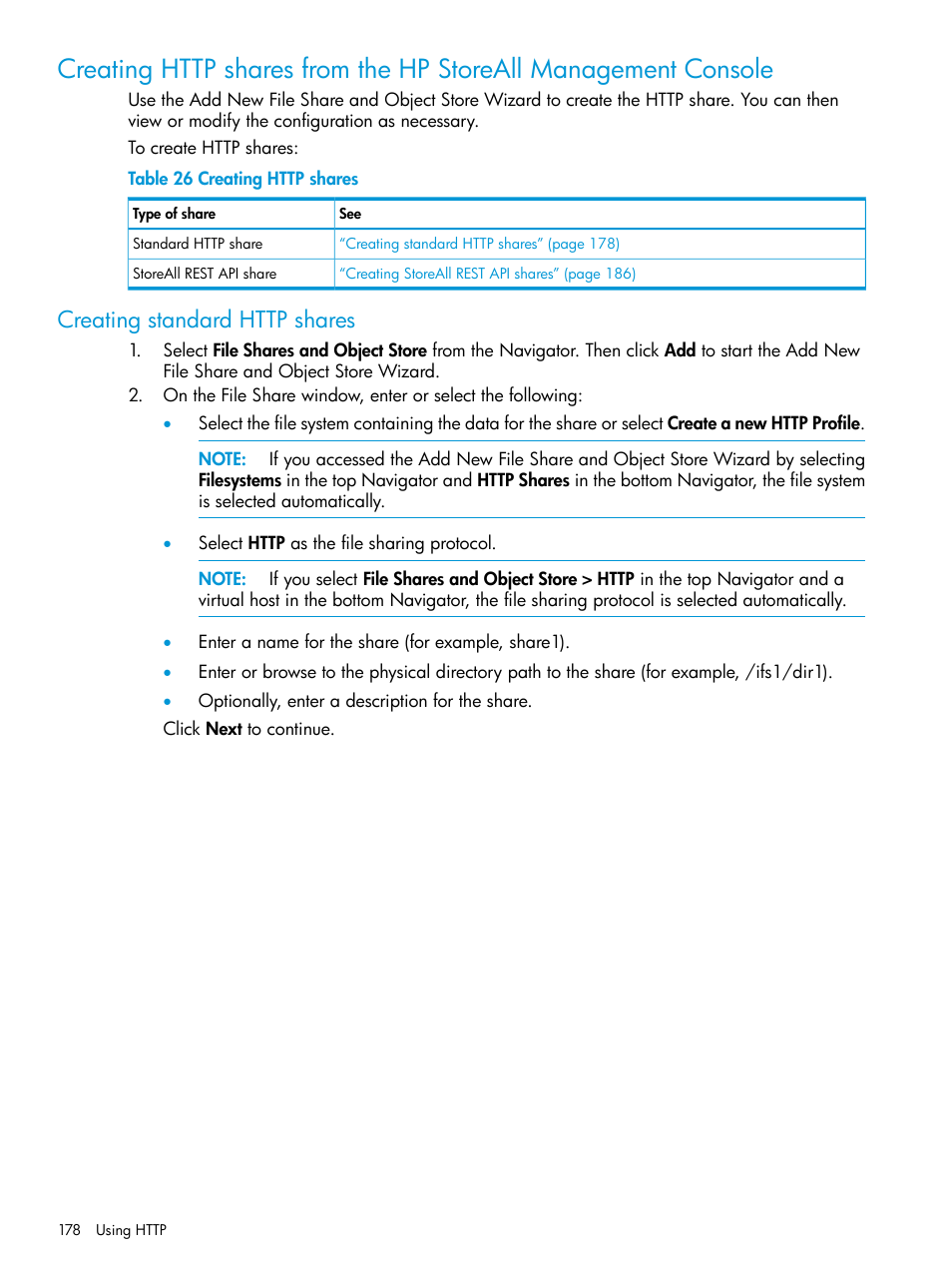 Creating standard http shares, Creating http | HP StoreAll Storage User Manual | Page 178 / 406