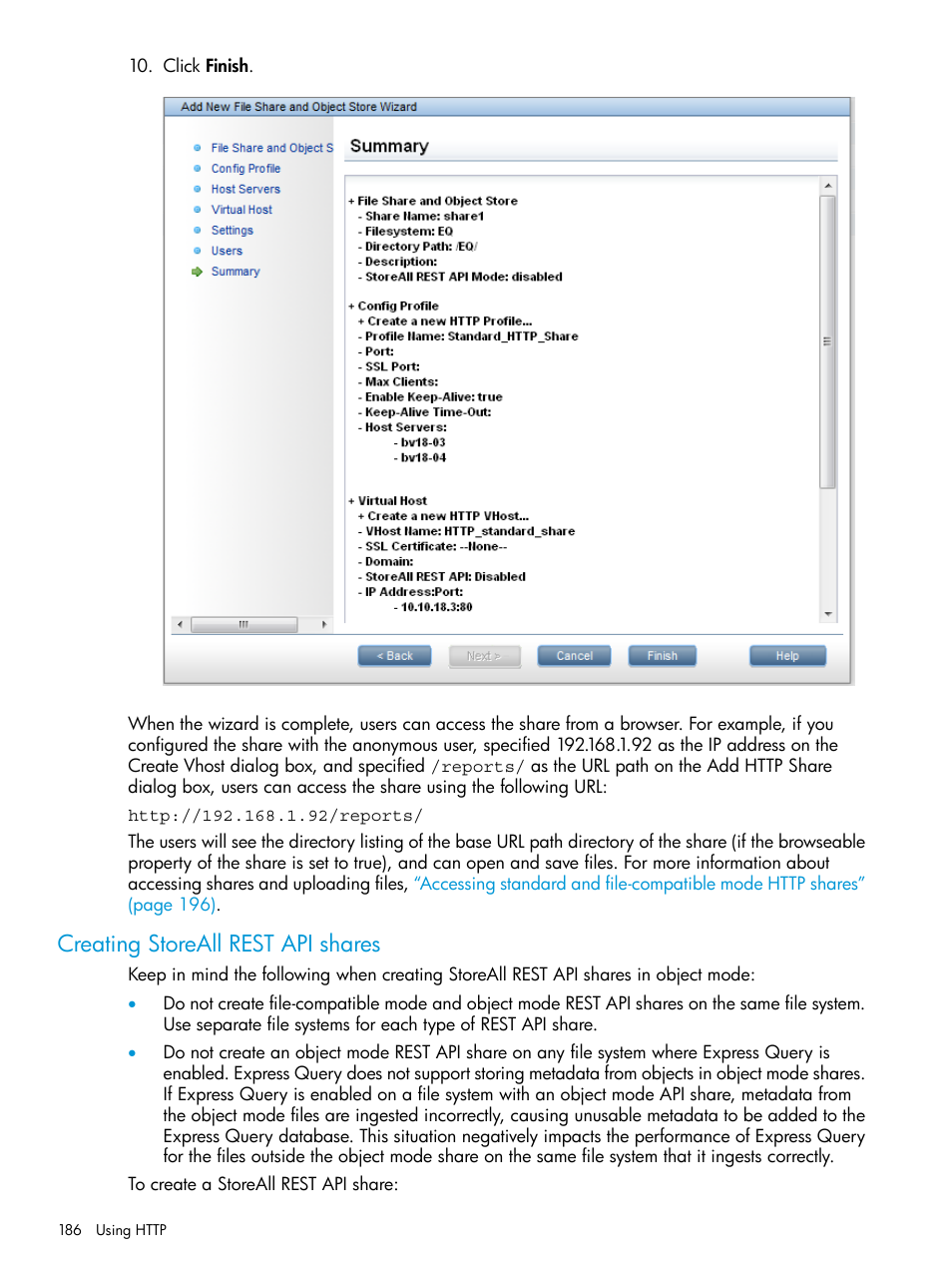 Creating storeall rest api shares | HP StoreAll Storage User Manual | Page 186 / 406