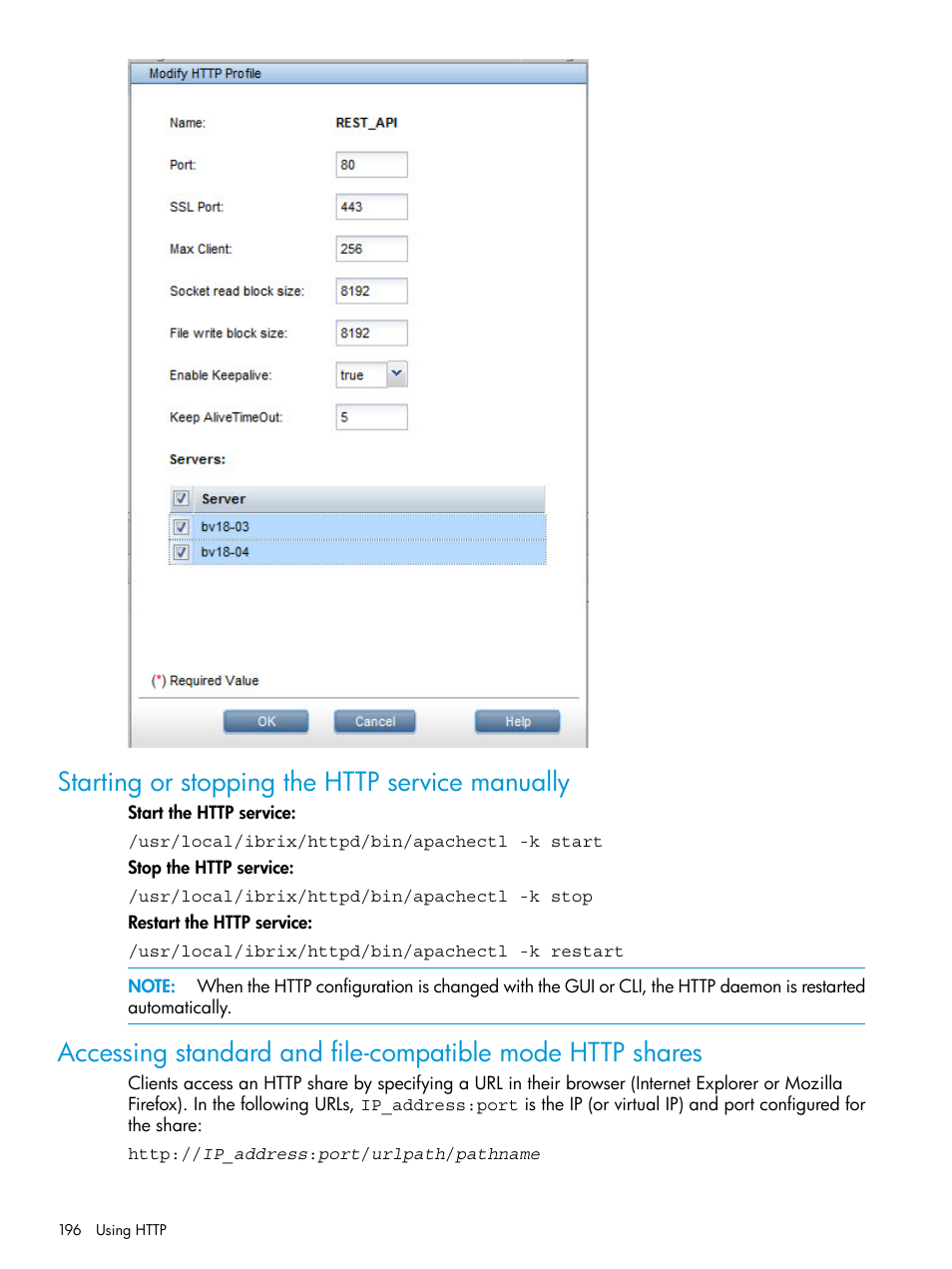 Starting or stopping the http service manually | HP StoreAll Storage User Manual | Page 196 / 406