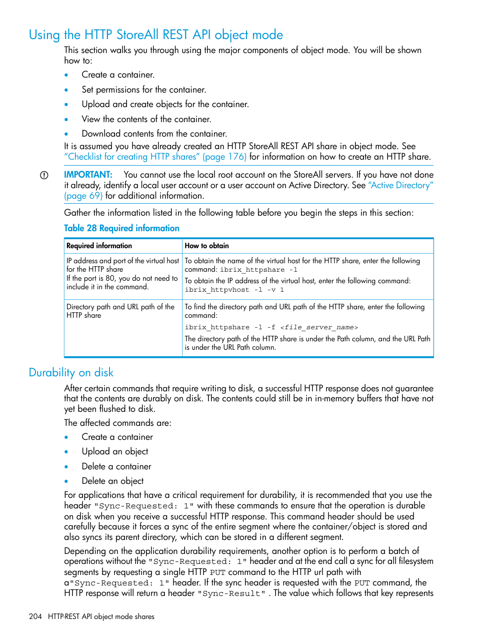 Using the http storeall rest api object mode, Durability on disk | HP StoreAll Storage User Manual | Page 204 / 406