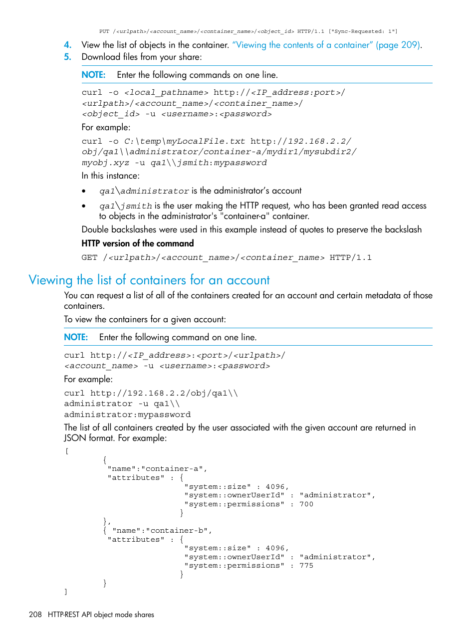 Viewing the list of containers for an account | HP StoreAll Storage User Manual | Page 208 / 406