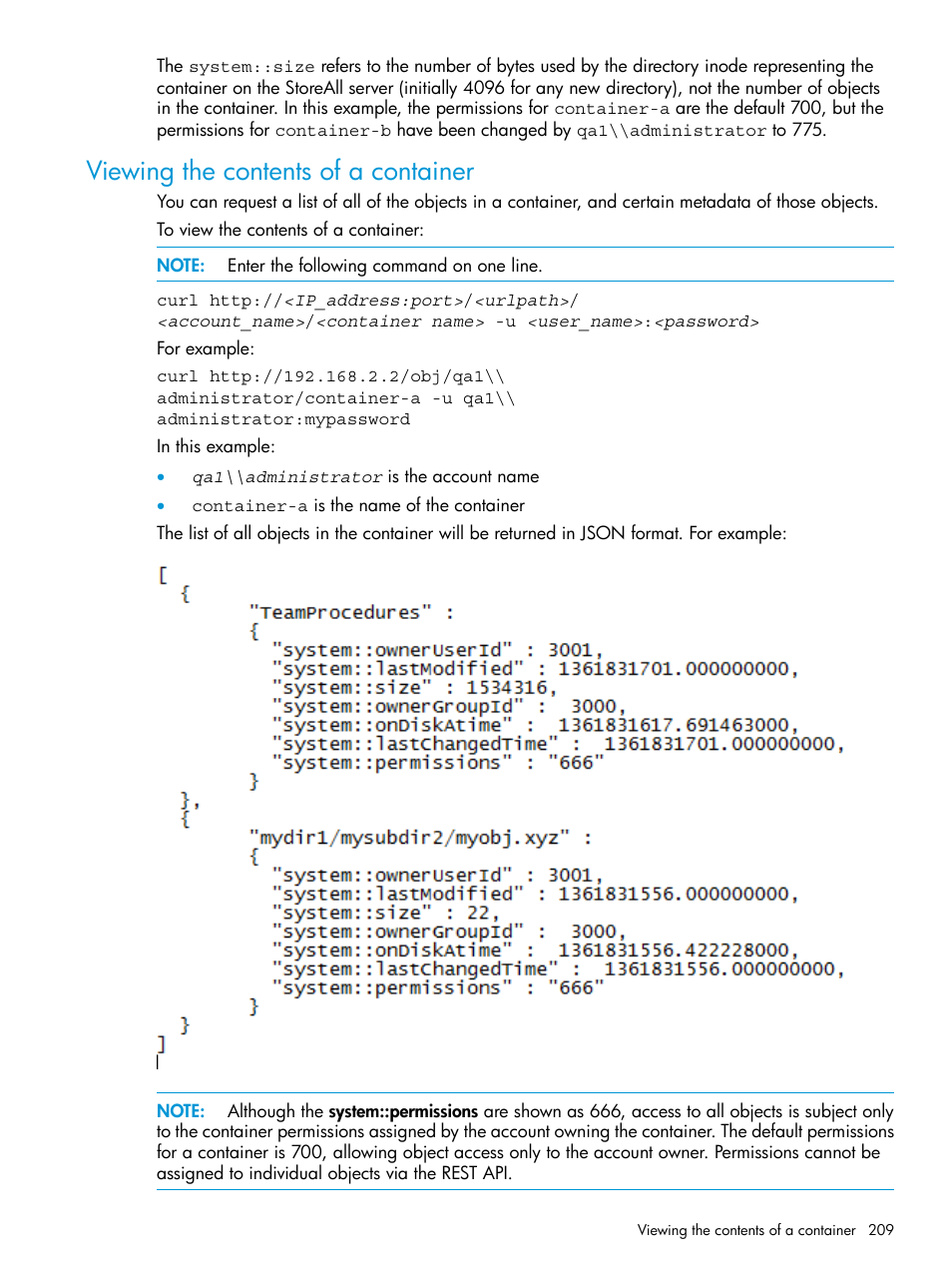 Viewing the contents of a container | HP StoreAll Storage User Manual | Page 209 / 406