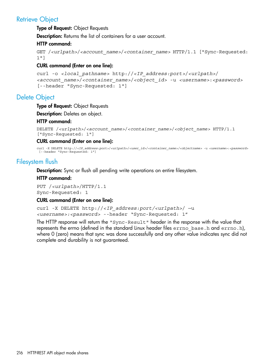 Retrieve object, Delete object, Filesystem flush | Retrieve object delete object filesystem flush | HP StoreAll Storage User Manual | Page 216 / 406
