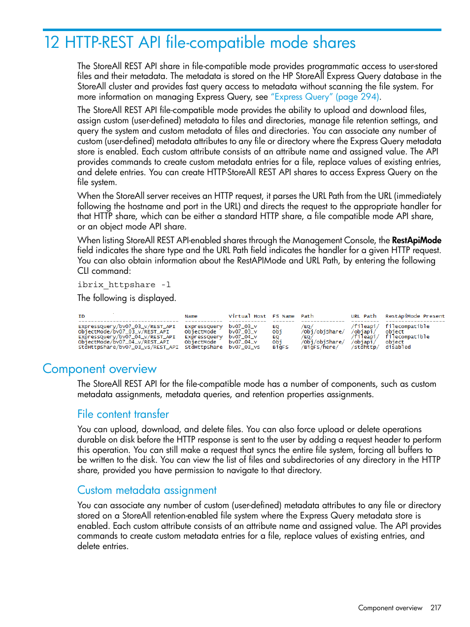 12 http-rest api file-compatible mode shares, Component overview | HP StoreAll Storage User Manual | Page 217 / 406