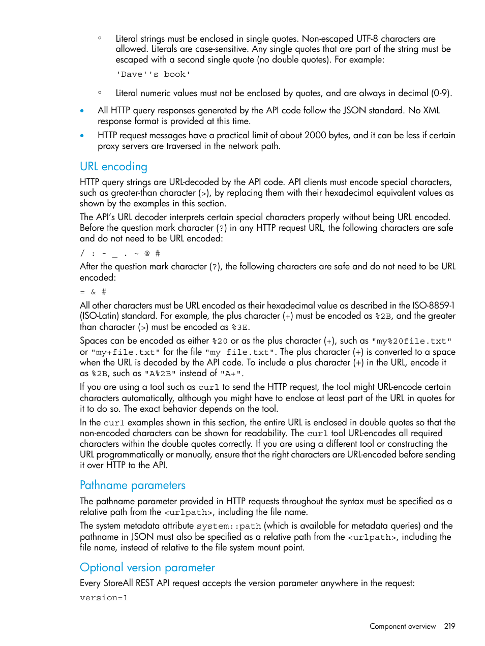 Url encoding, Pathname parameters, Optional version parameter | HP StoreAll Storage User Manual | Page 219 / 406