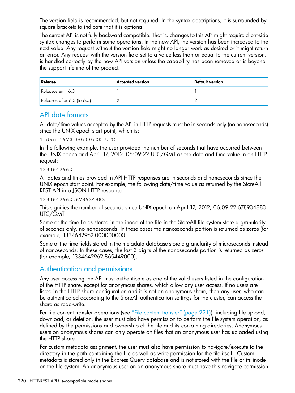 Api date formats, Authentication and permissions | HP StoreAll Storage User Manual | Page 220 / 406