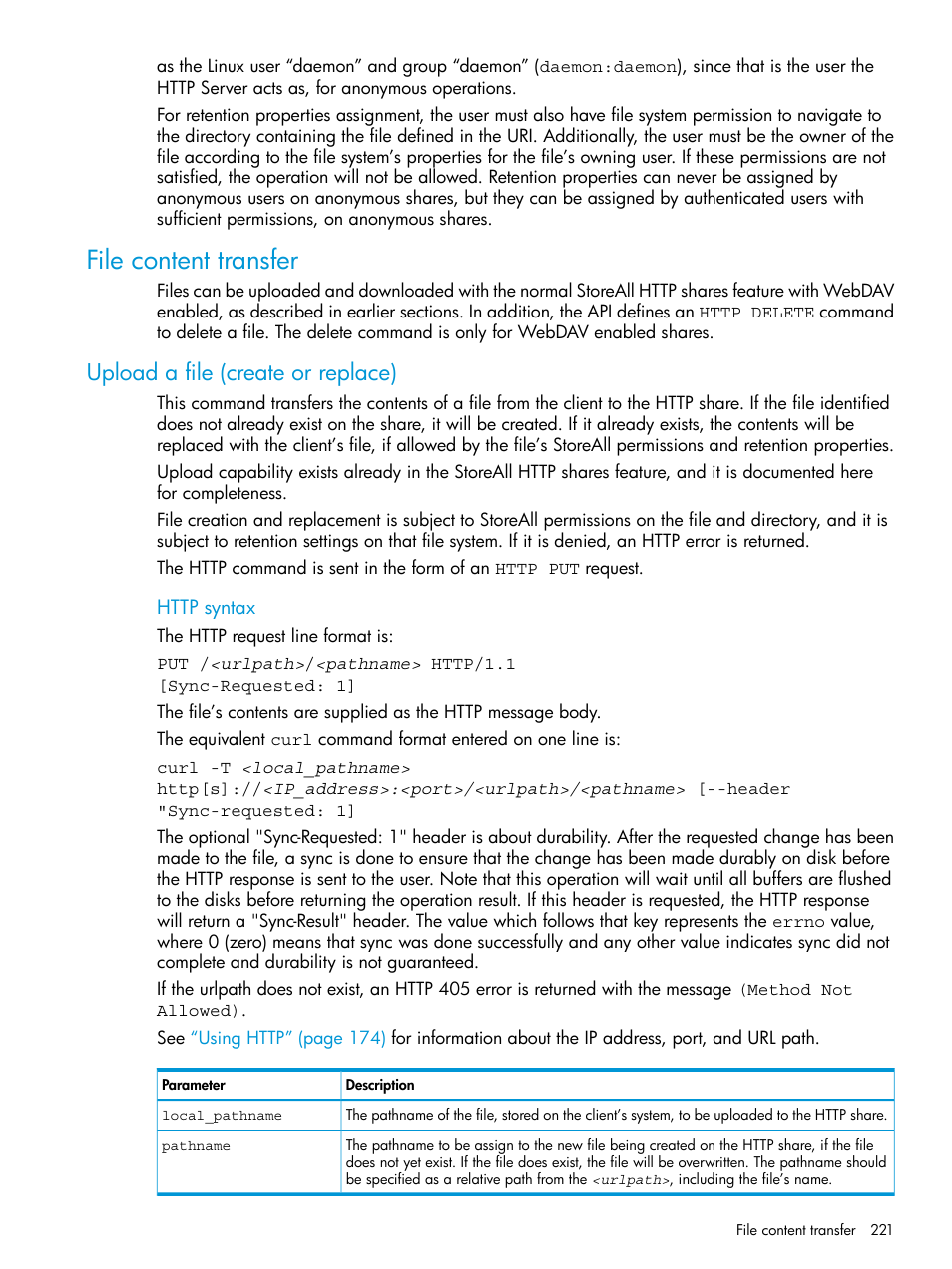 File content transfer, Upload a file (create or replace) | HP StoreAll Storage User Manual | Page 221 / 406