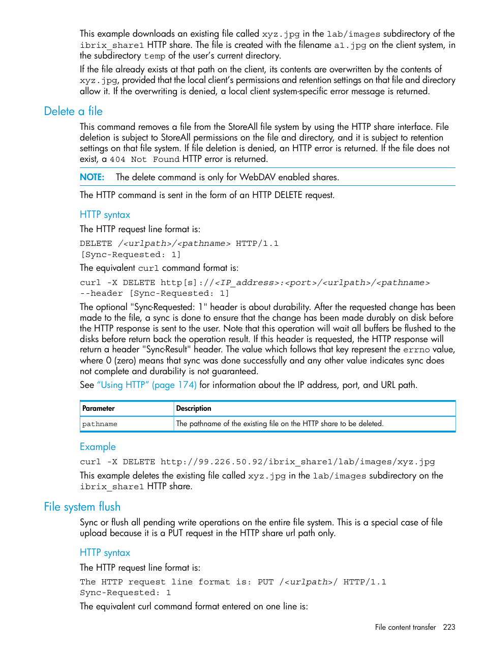 Delete a file, File system flush, Delete a file file system flush | HP StoreAll Storage User Manual | Page 223 / 406