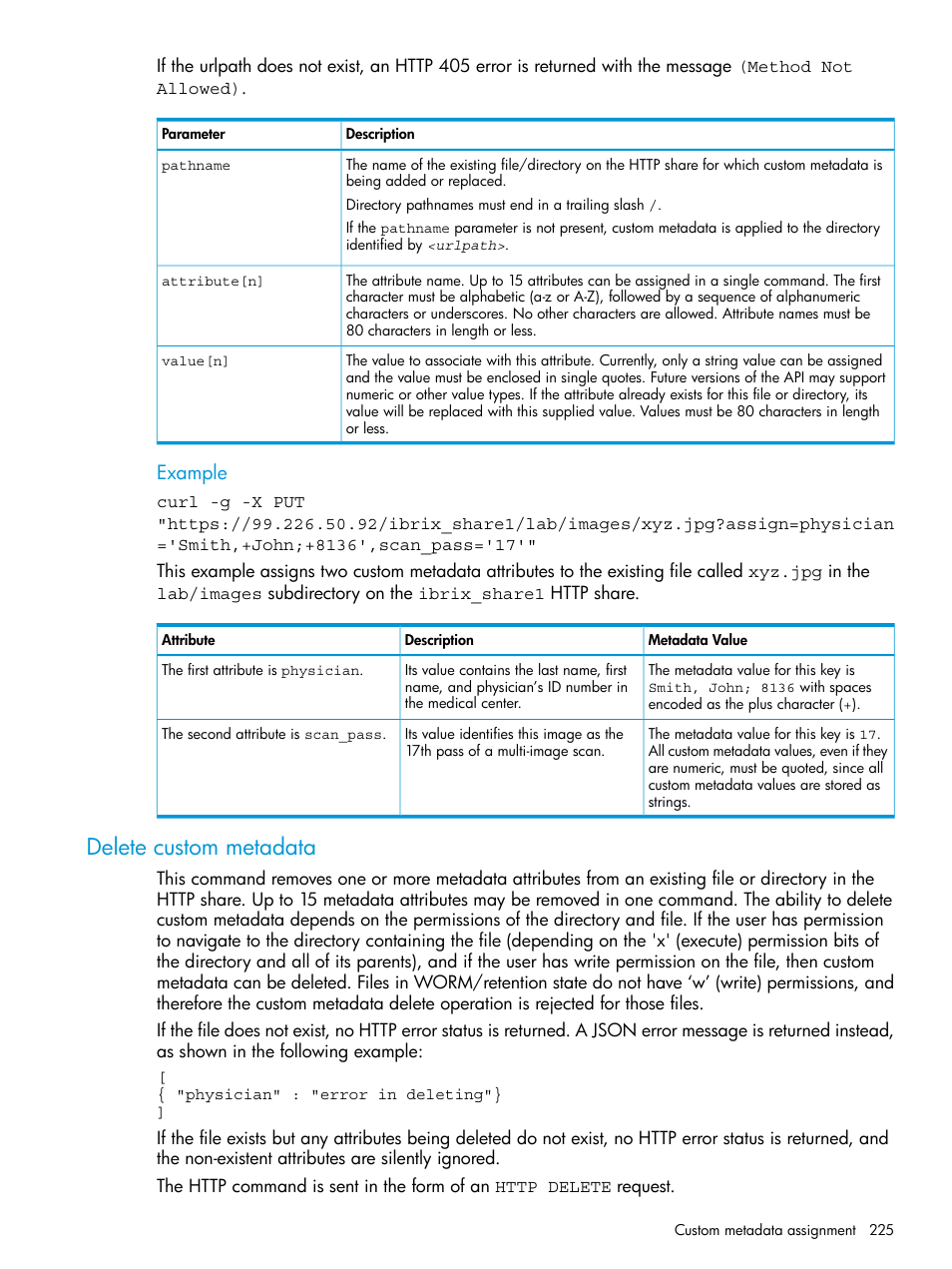 Delete custom metadata, Example | HP StoreAll Storage User Manual | Page 225 / 406