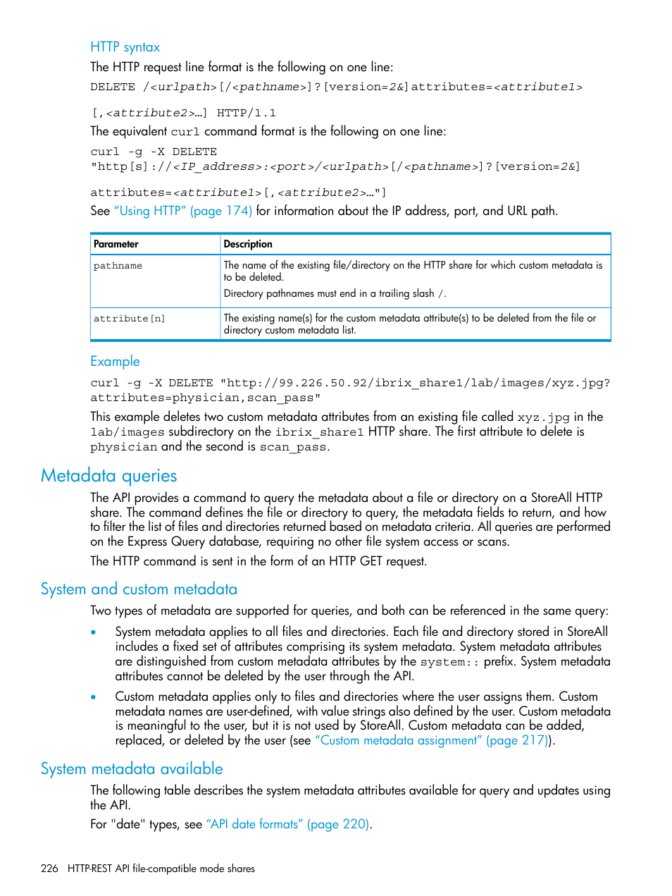 Metadata queries, System and custom metadata, System metadata available | HP StoreAll Storage User Manual | Page 226 / 406