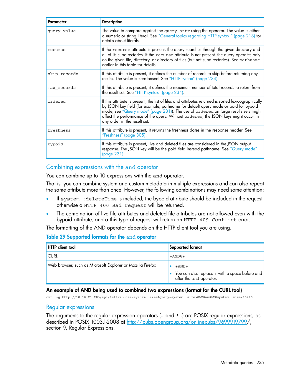 Combining expressions with the and operator, Regular expressions | HP StoreAll Storage User Manual | Page 235 / 406