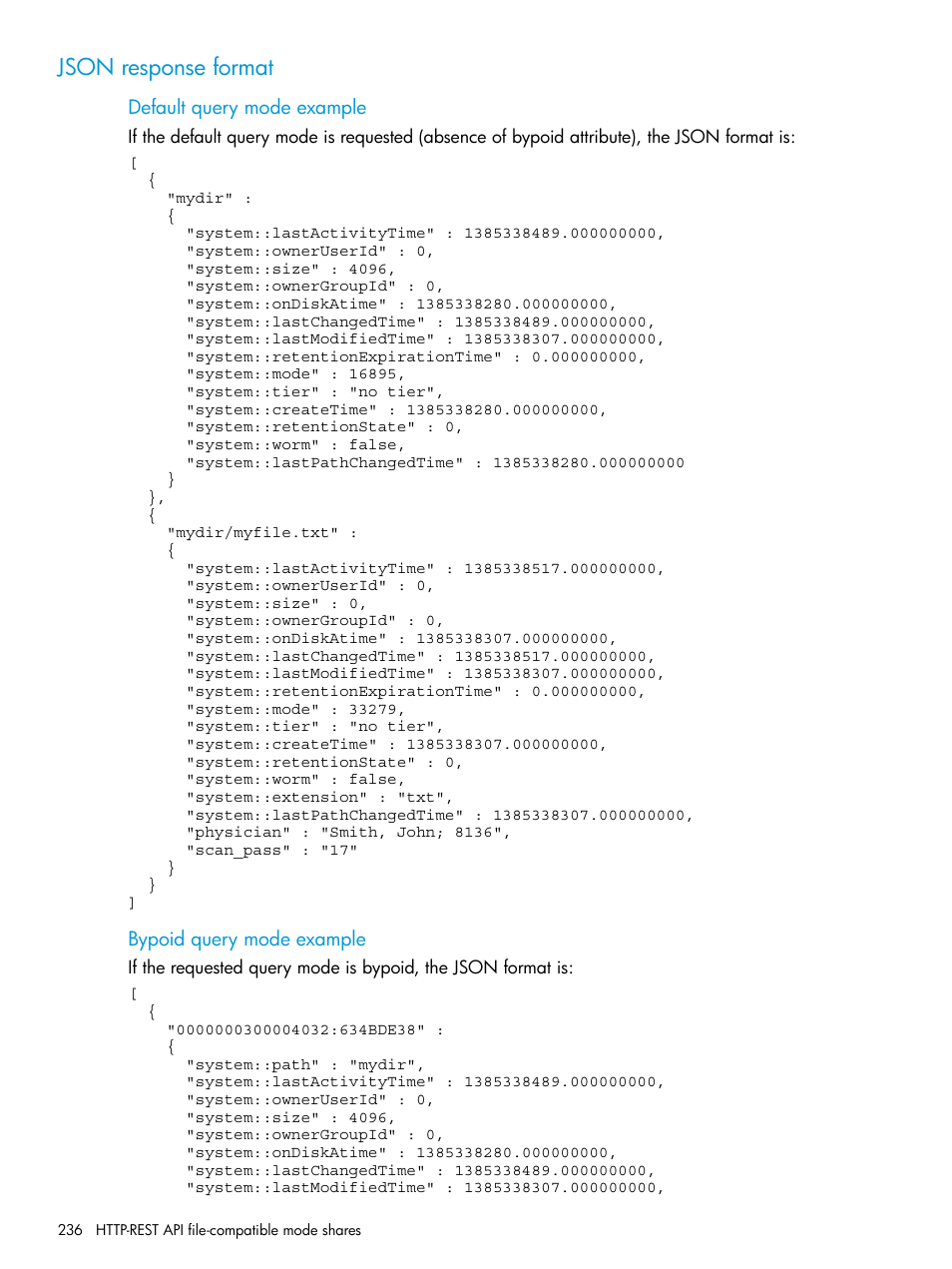 Json response format | HP StoreAll Storage User Manual | Page 236 / 406