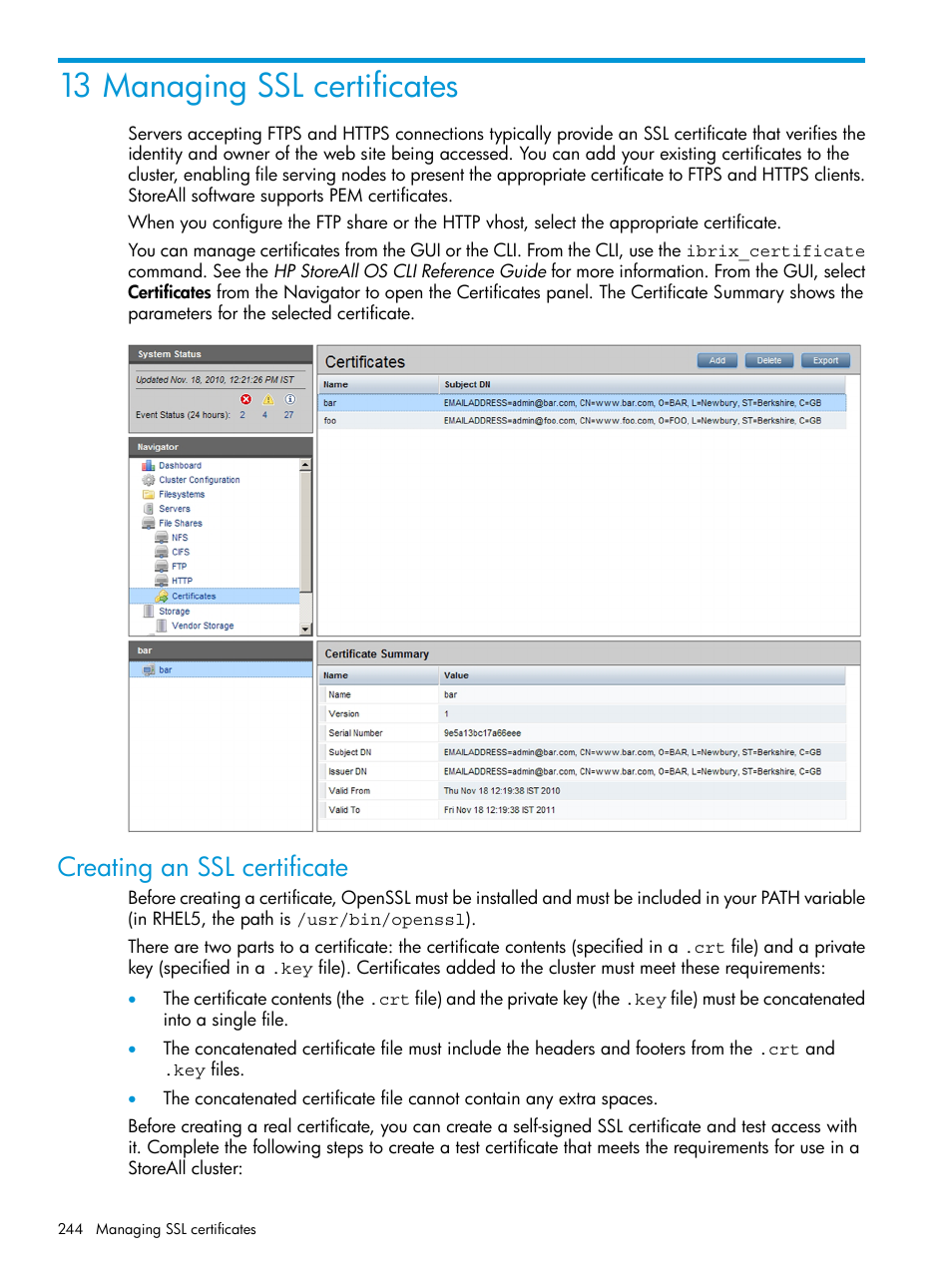 13 managing ssl certificates, Creating an ssl certificate | HP StoreAll Storage User Manual | Page 244 / 406