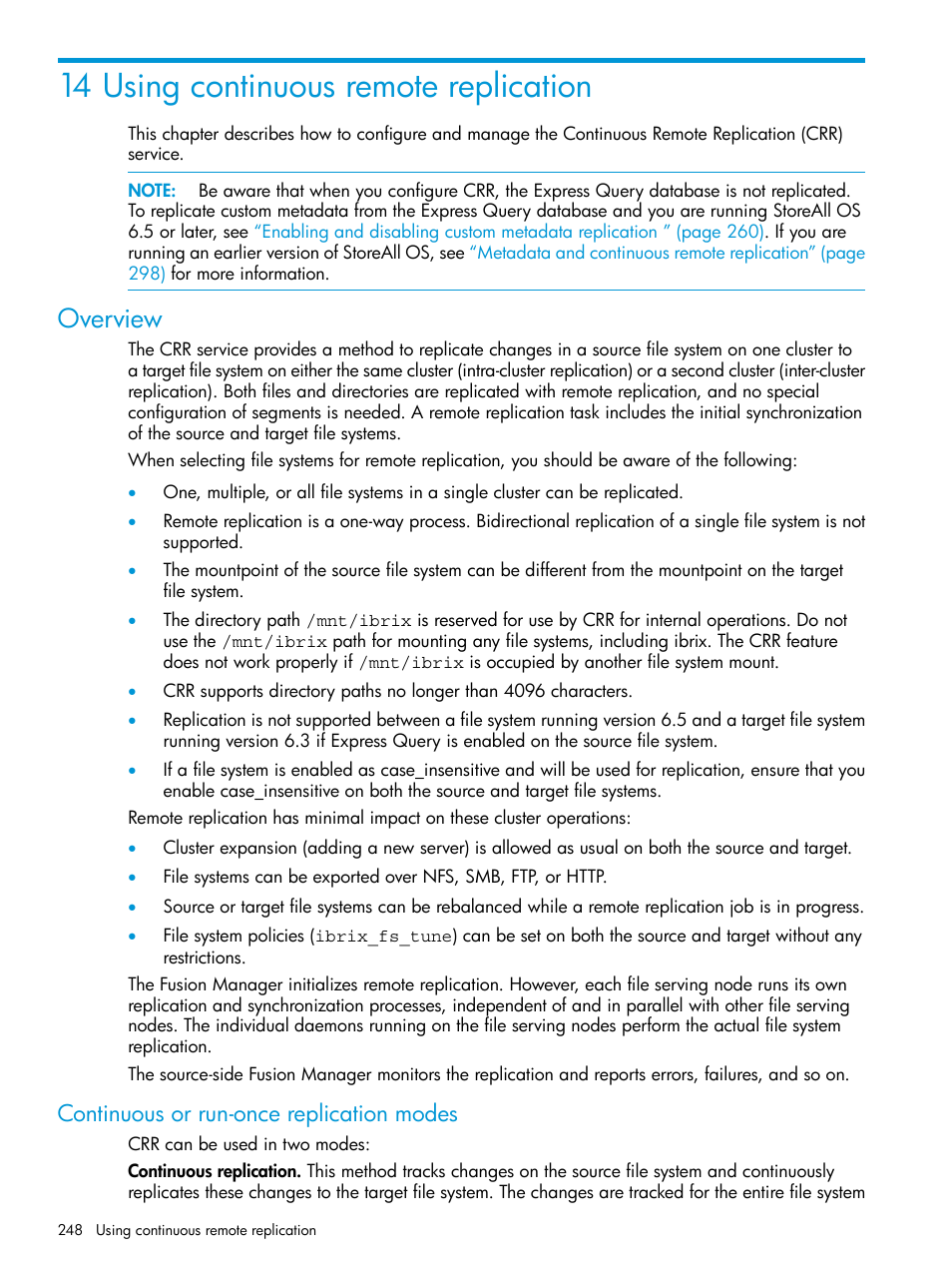 14 using continuous remote replication, Overview, Continuous or run-once replication modes | HP StoreAll Storage User Manual | Page 248 / 406