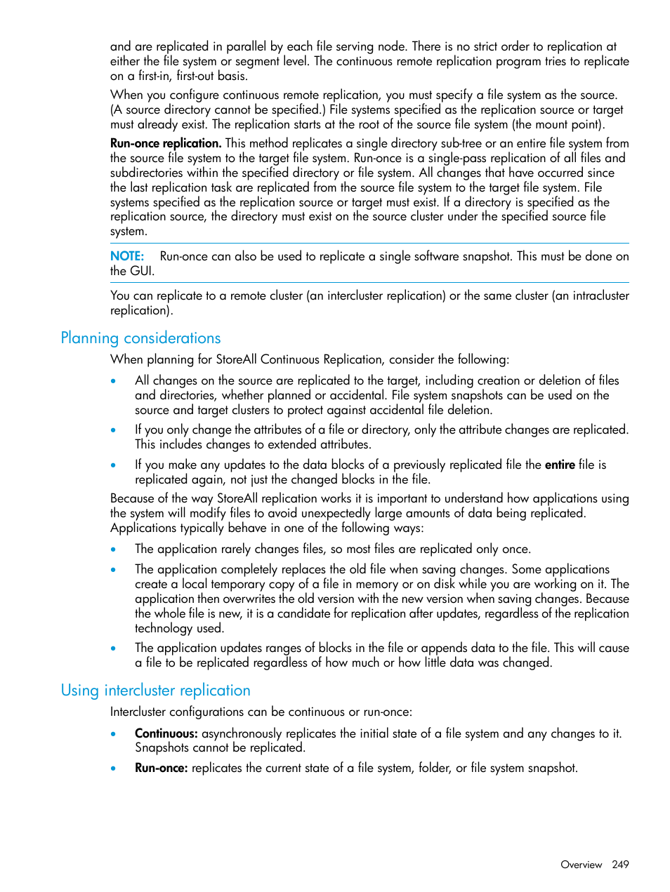 Planning considerations, Using intercluster replication | HP StoreAll Storage User Manual | Page 249 / 406