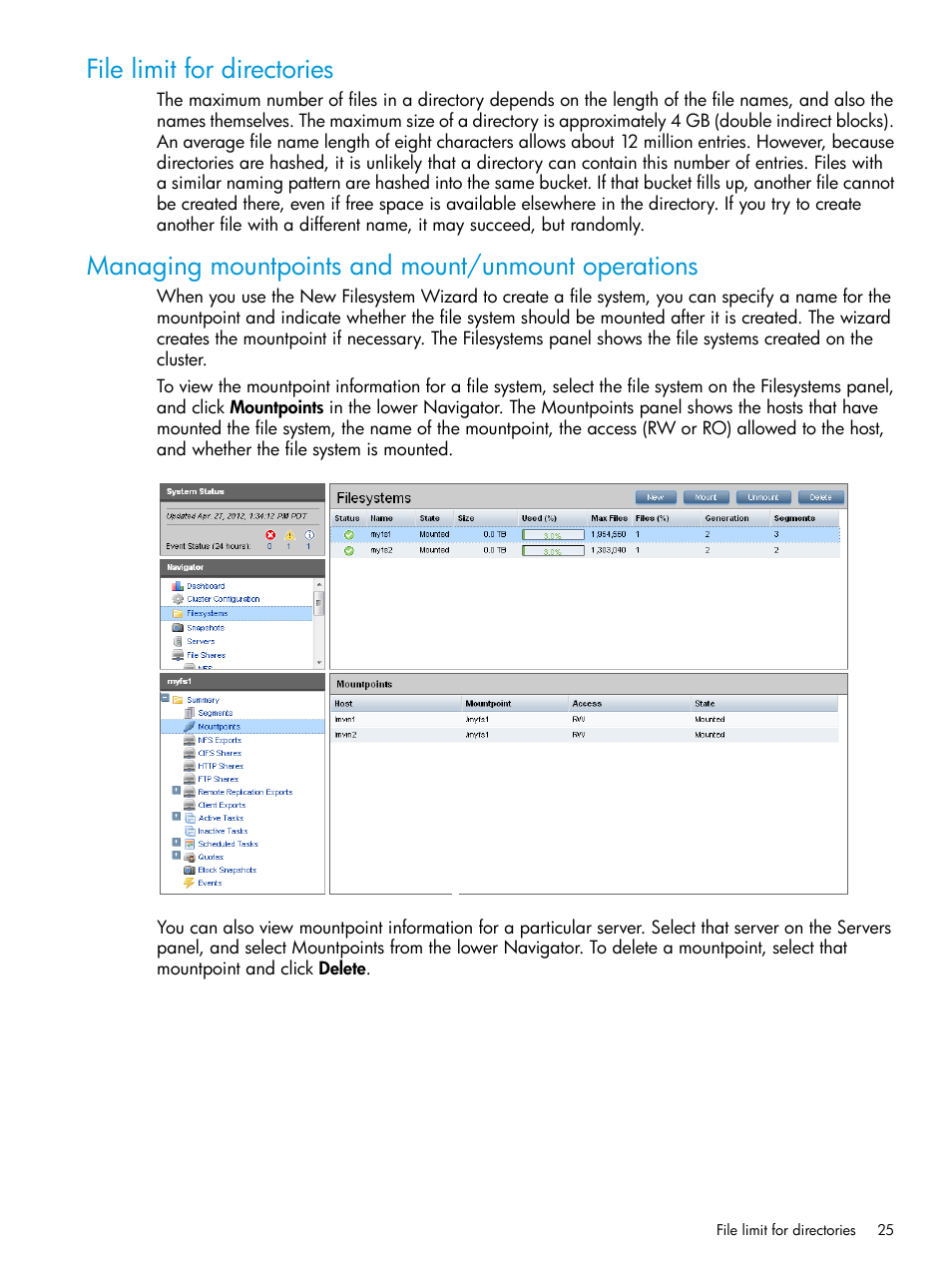 File limit for directories, Managing mountpoints and mount/unmount operations | HP StoreAll Storage User Manual | Page 25 / 406