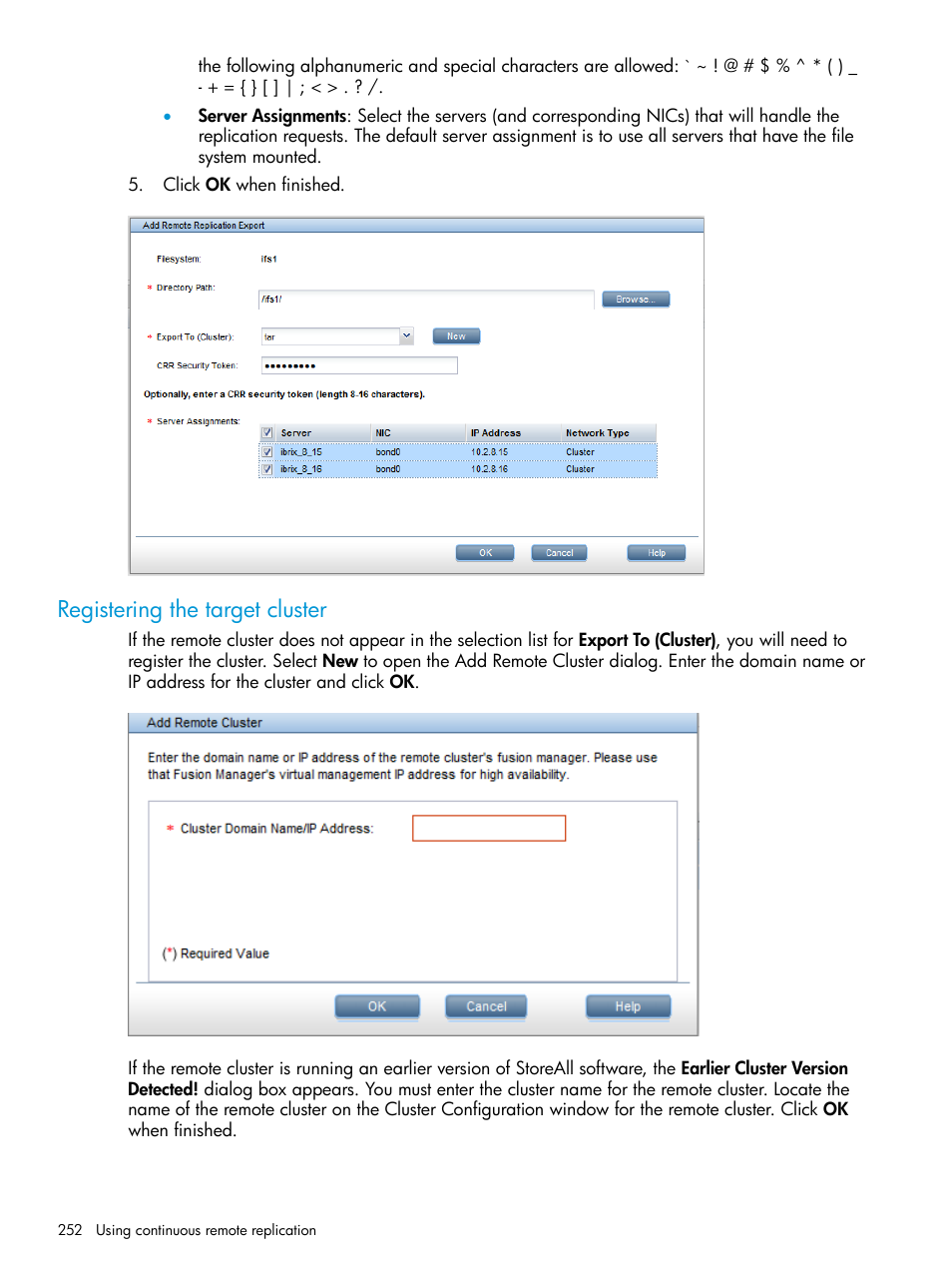 Registering the target cluster | HP StoreAll Storage User Manual | Page 252 / 406