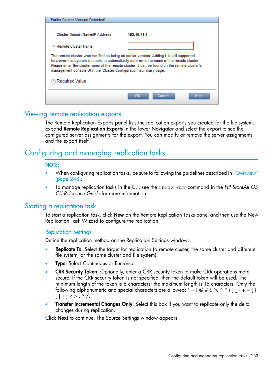 Viewing remote replication exports, Configuring and managing replication tasks, Starting a replication task | HP StoreAll Storage User Manual | Page 253 / 406