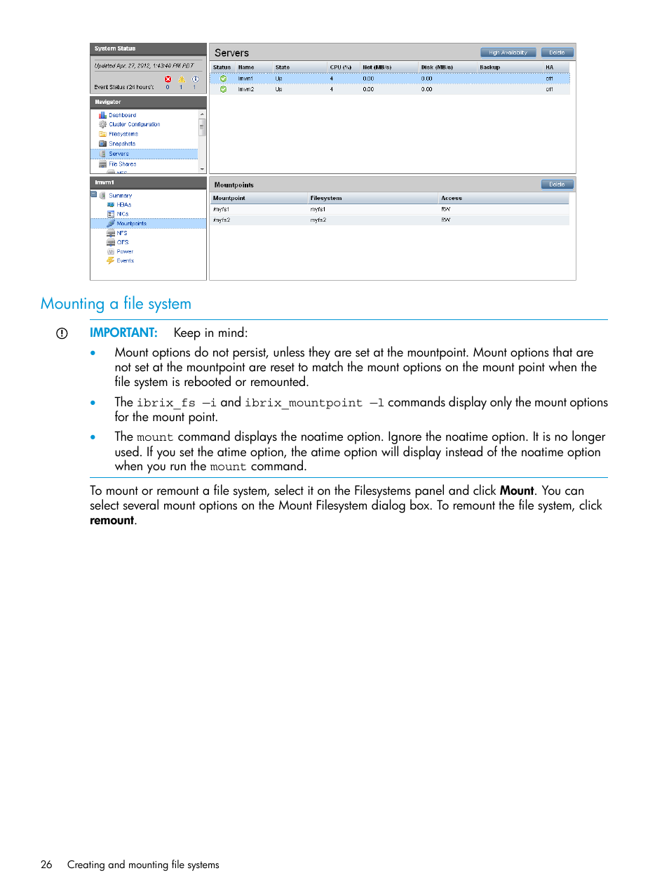 Mounting a file system | HP StoreAll Storage User Manual | Page 26 / 406