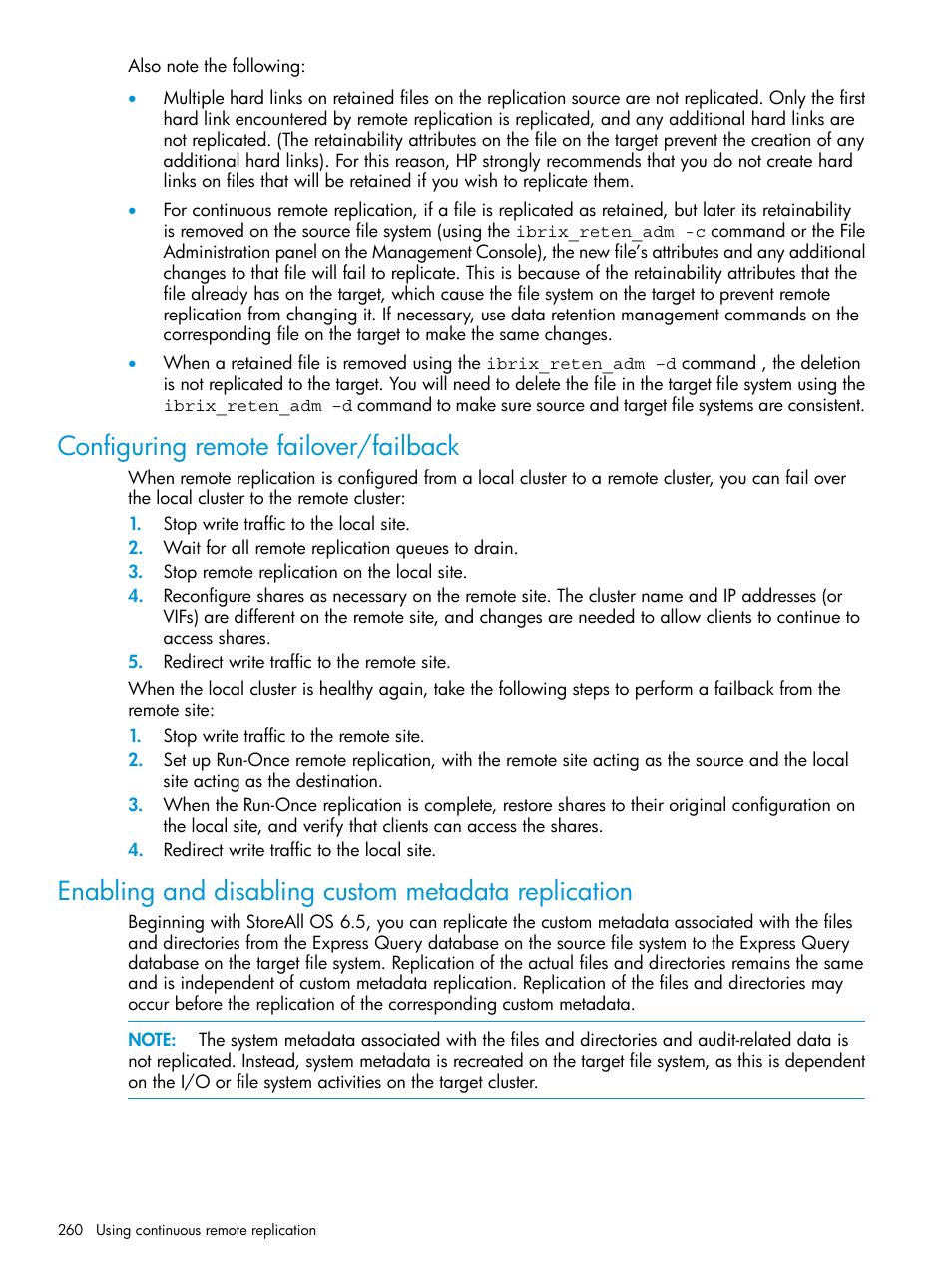 Configuring remote failover/failback, Enabling and disabling custom metadata replication | HP StoreAll Storage User Manual | Page 260 / 406
