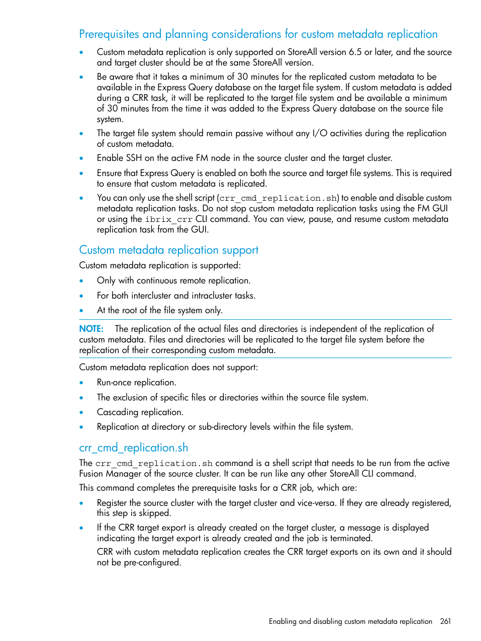 Custom metadata replication support, Crr_cmd_replication.sh | HP StoreAll Storage User Manual | Page 261 / 406