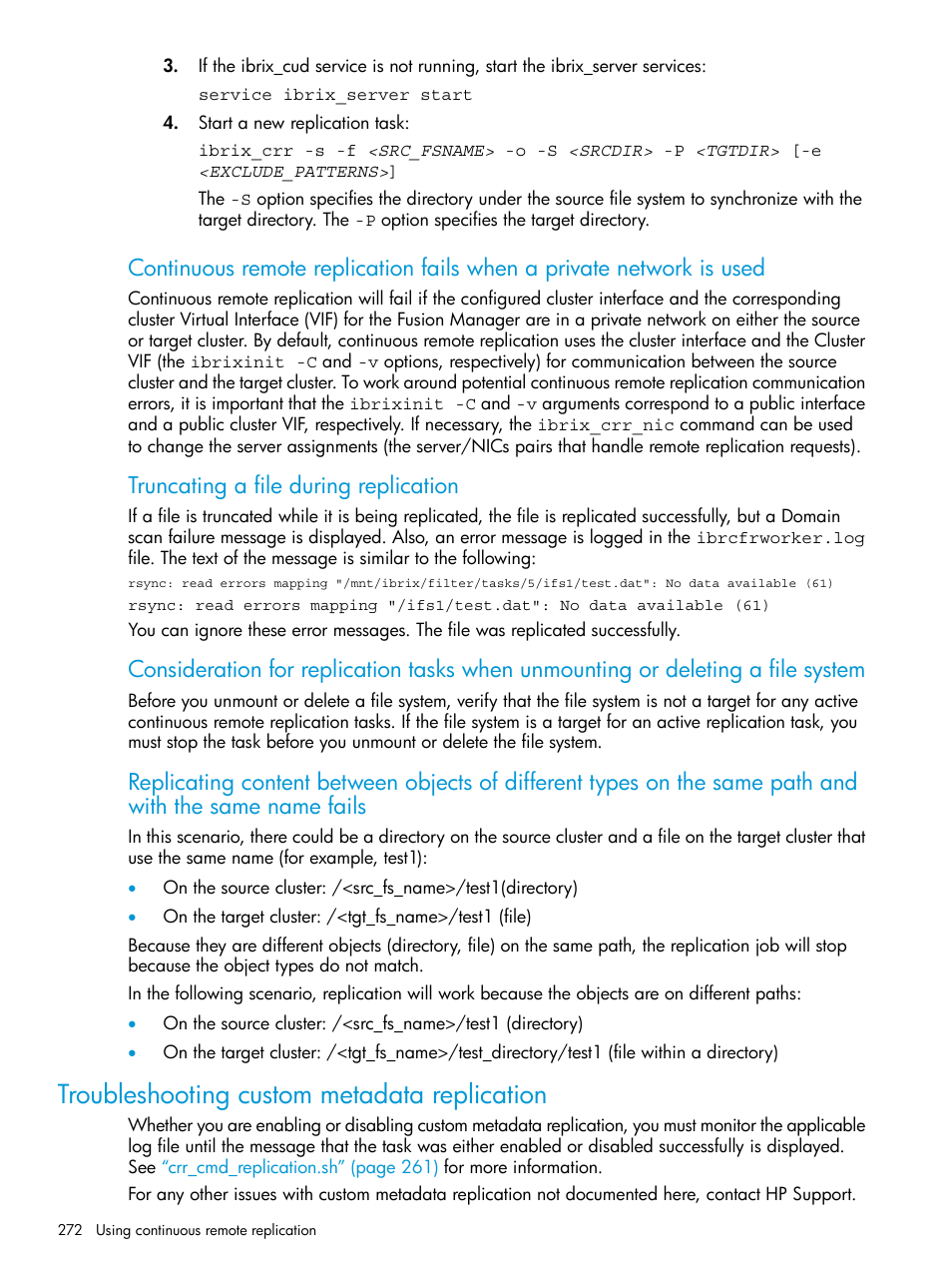 Troubleshooting custom metadata replication, Truncating a file during replication | HP StoreAll Storage User Manual | Page 272 / 406