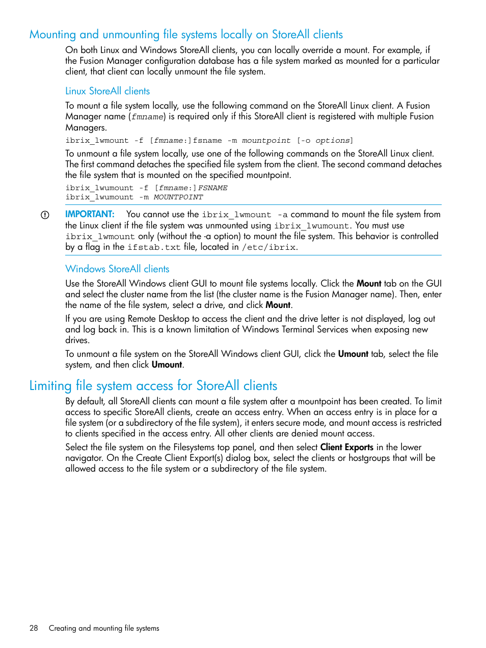 Limiting file system access for storeall clients | HP StoreAll Storage User Manual | Page 28 / 406