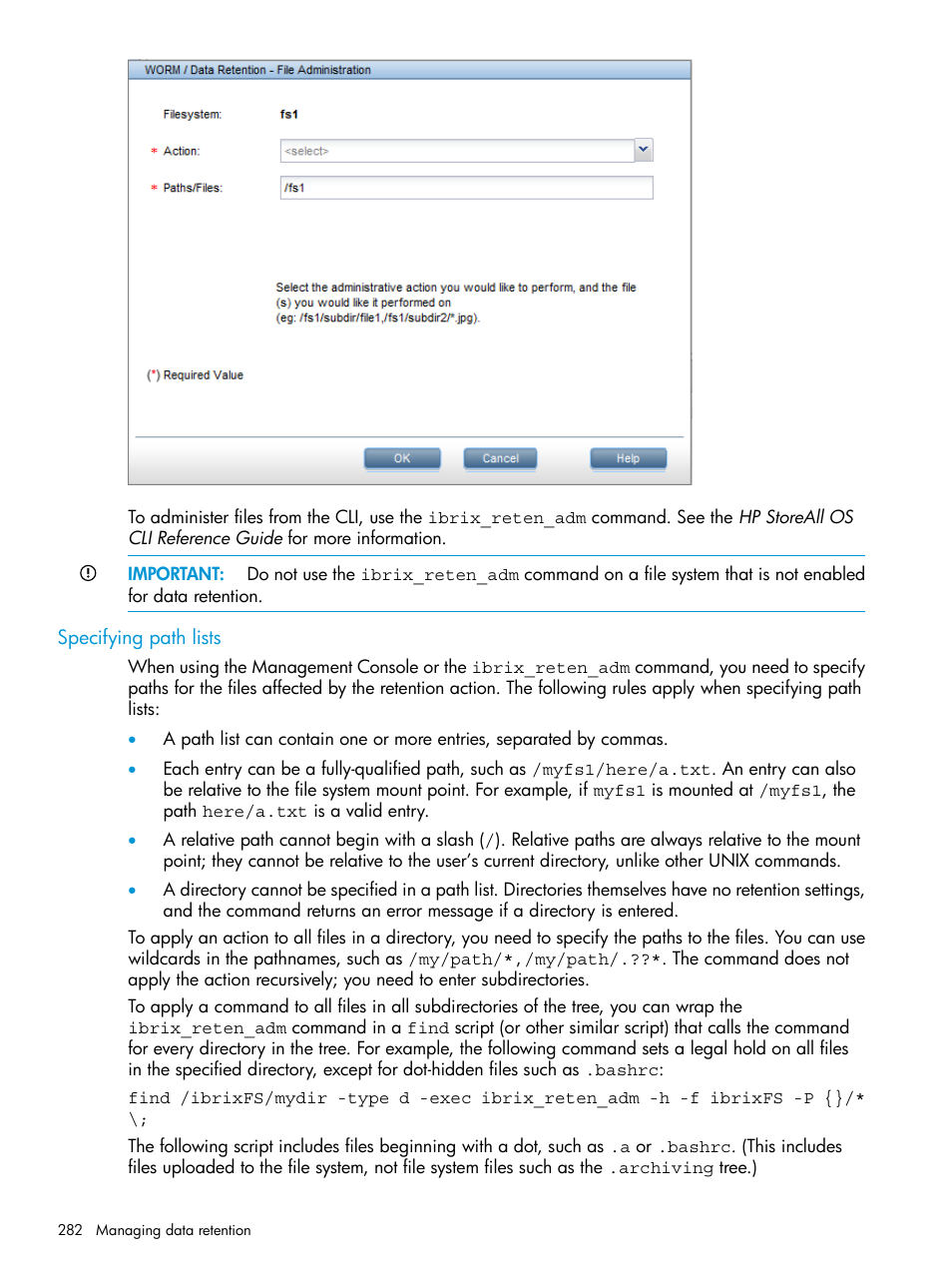 Specifying path lists | HP StoreAll Storage User Manual | Page 282 / 406